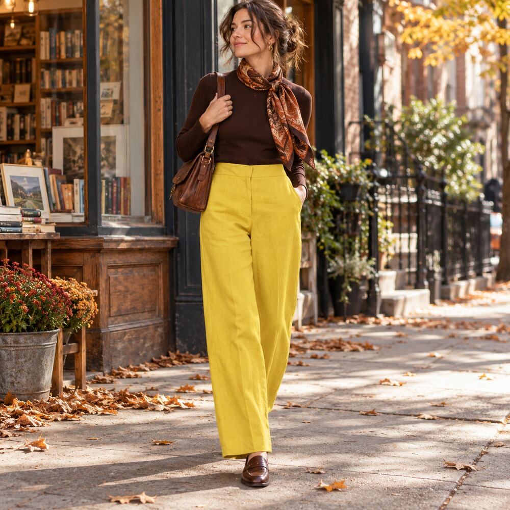 Zara 100% Linen Sz XS Bright Yellow Straight Leg Trousers Relaxed Fit Pants